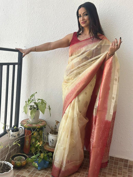 Reena Dwivedi In Banarsi Kora Silk With Contrast . Available In 3 Colours.