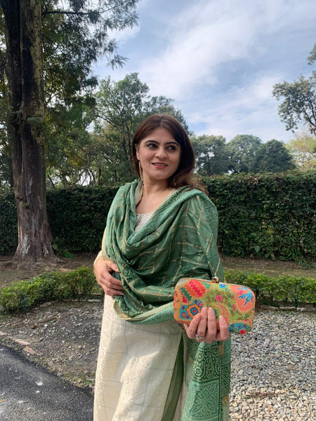Embroidered Rectangular Clutch With Both Side Same Design And Sling Chain Included