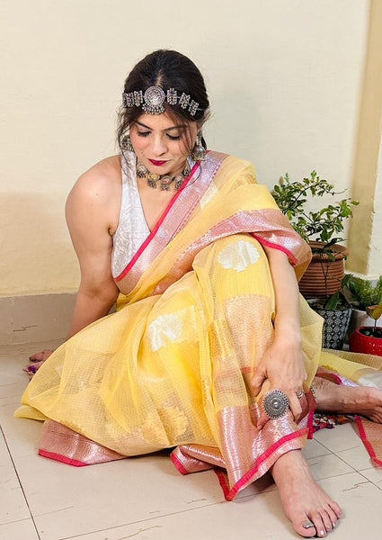 Naveena Kapoor In Kota Doria Silver and Gold Boota Saree With Matching Pallu. Available In 4 Colours.