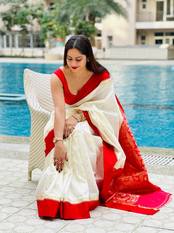Reena Dwivedi In Traditional Garad-Korial Bengali Silk Saree With Contrast Pallu. Available in 6 Colours.