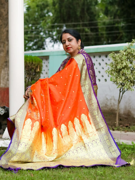 Ramya Pathak In Orange Banarsi Designer Saree With Contrast Purple Pallu And Golden Zari Work