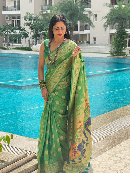 Reena Dwivedi In Handmade Banarsi Silk Designer Saree With Booti Work. Available In 4 Colours.