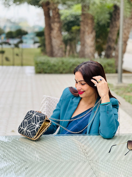 Embroidered Square Clutch With Both Side Same Design And Sling Chain Included
